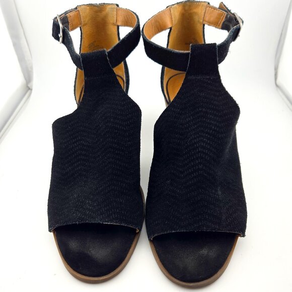 Lucky Brand Baxley Black Suede Bootie Sandals | Size 7M Peep Toe Ankle Strap - Picture 1 of 13